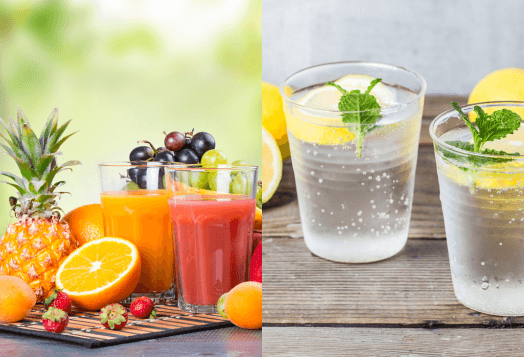 A side-by-side comparison of fruit juices next to fruit-infused water