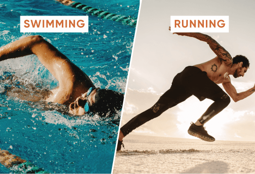 A side-by-side comparison of a person swimming and a person running