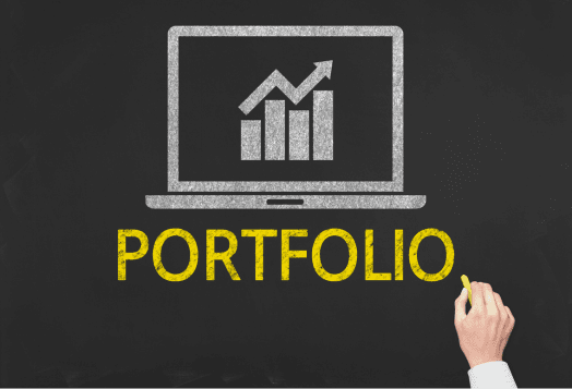 Portfolio text with laptop graphic showing growth chart on screen