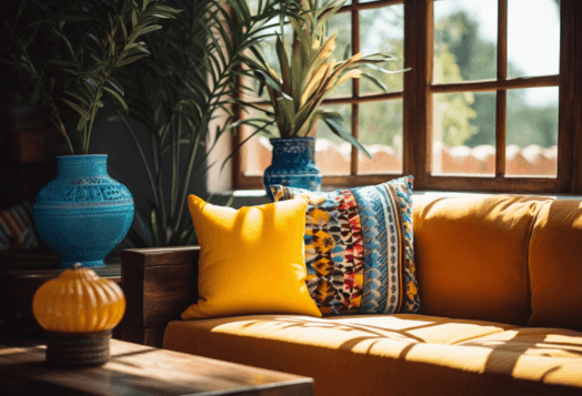 Colorful throw pillows on a couch