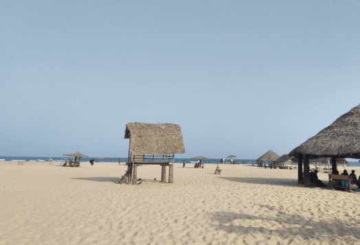 Beach with thatched huts and ocean in background
