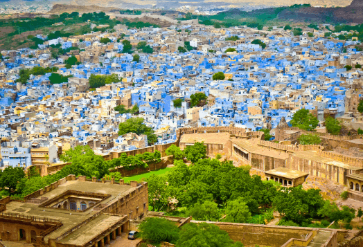 Aerial view of blue city with historic fort