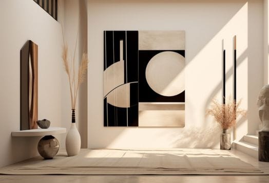 Minimalist room with abstract art and sunlight