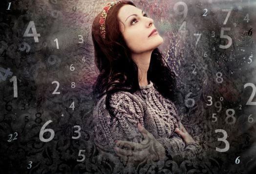 Woman looking up surrounded by numbers