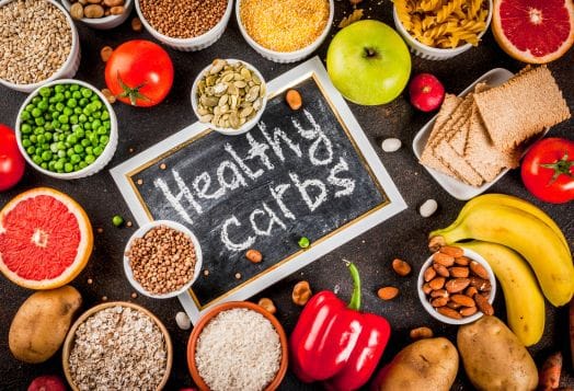 "Healthy carbs" chalkboard with various carbohydrate sources