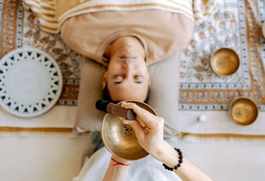 Sound healing session with Tibetan bowls for meditation