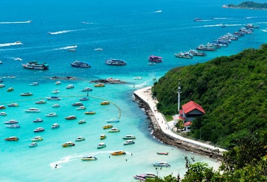 Coastal view with many boats on turquoise water