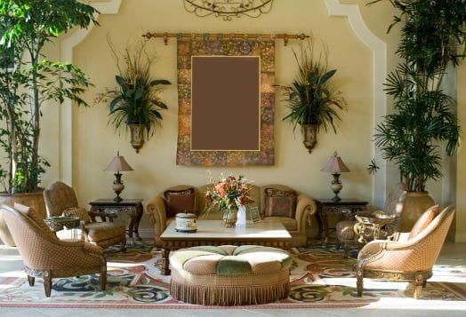Elegant living room with plants and tapestry