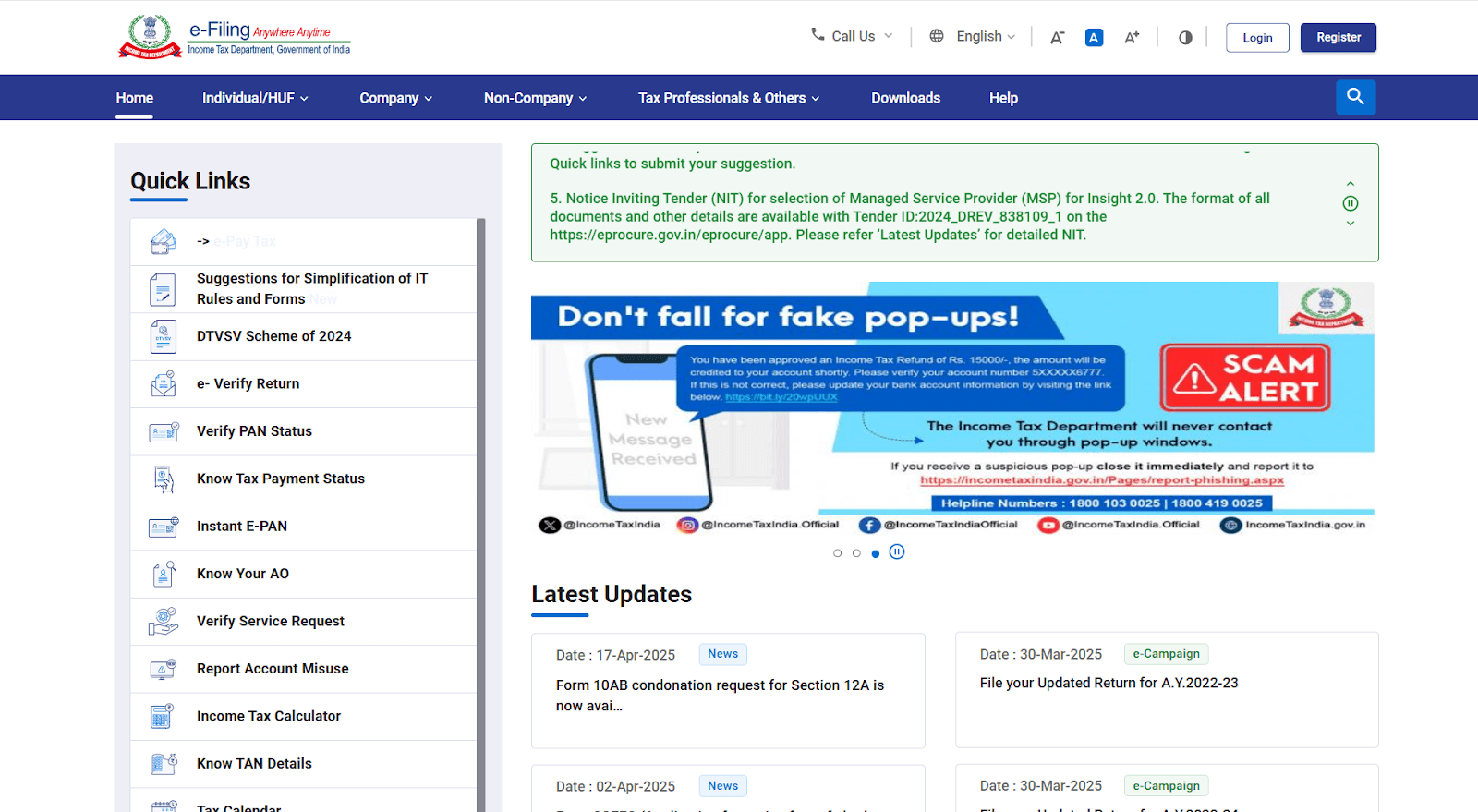 A screenshot of the Income Tax Department's e-filing website, with a "Don't fall for fake pop-ups!" warning
