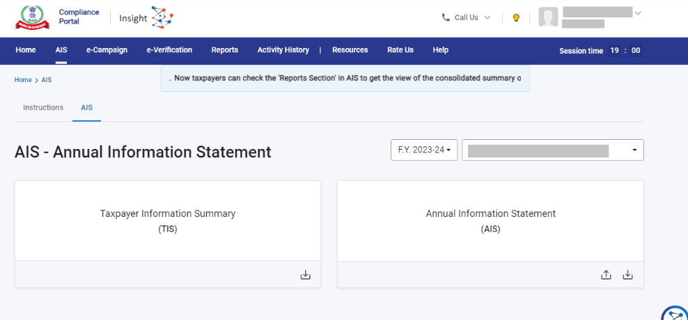 A screenshot of the Income Tax Compliance Portal's Annual Information Statement (AIS) section