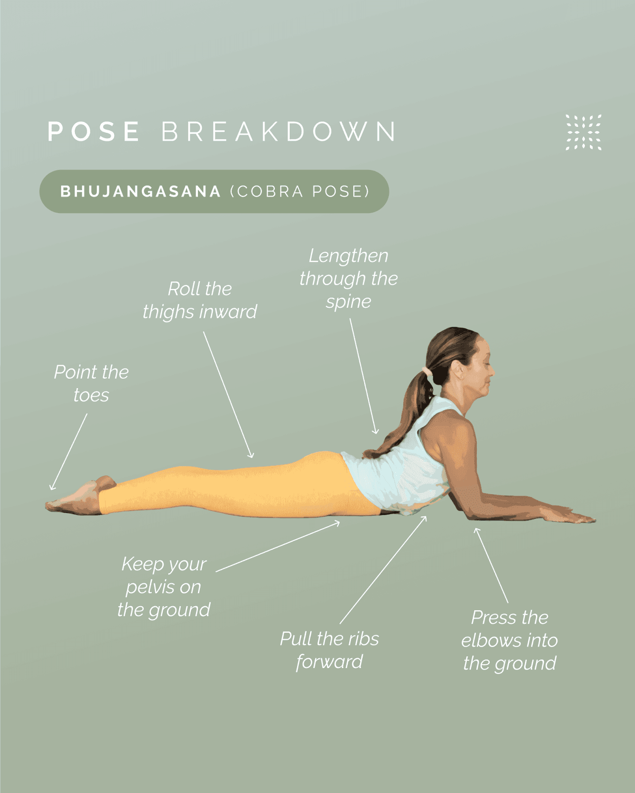 A woman practices Bhujangasana (Cobra Pose) with labels pointing to different body parts and alignment cues