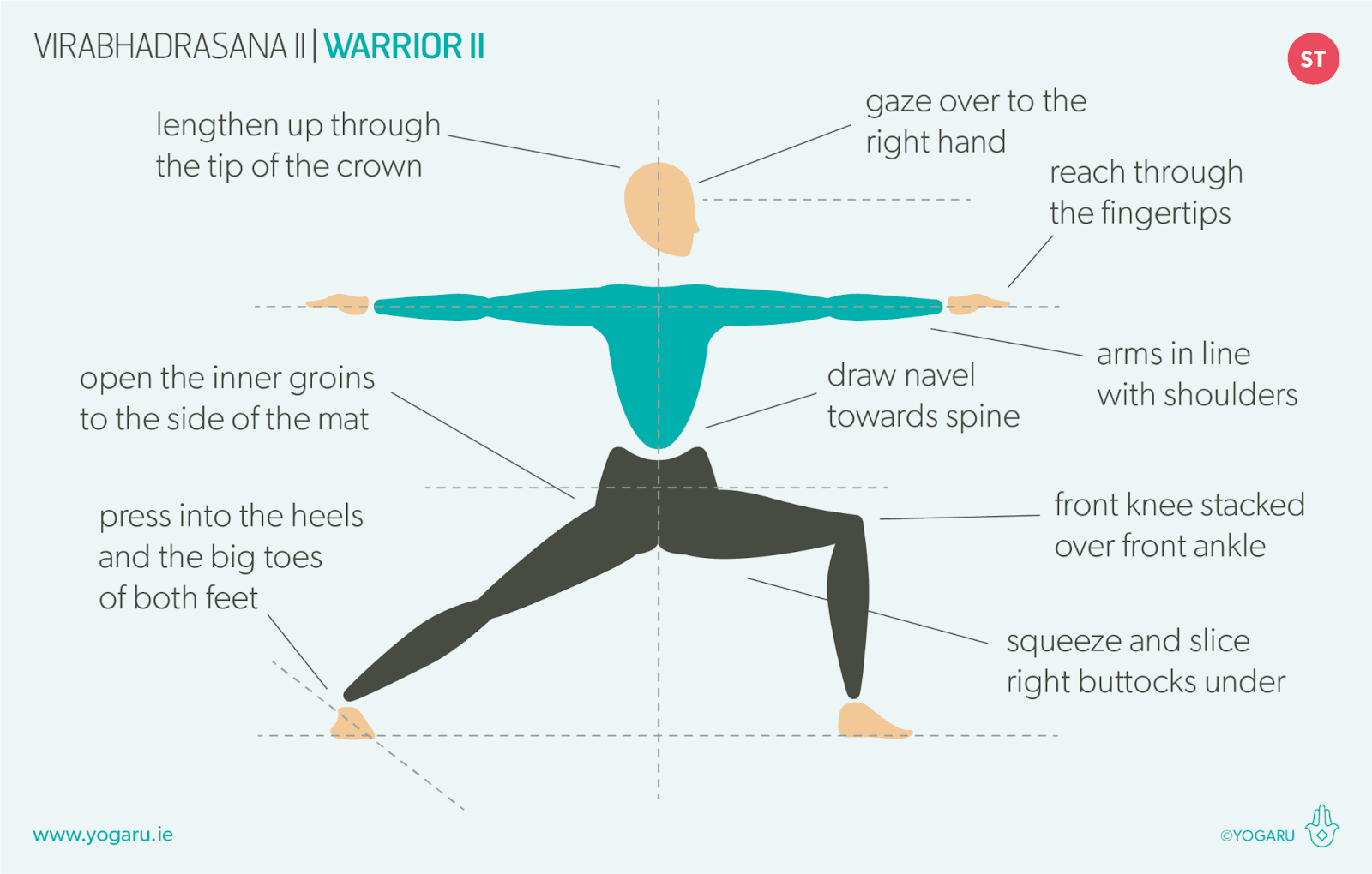 An illustration of a person in Virabhadrasana II (Warrior II) with labels pointing to different body parts and alignment cues