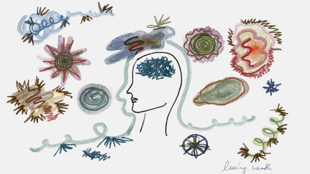 Abstract drawing of a head with a brain, surrounded by thoughts