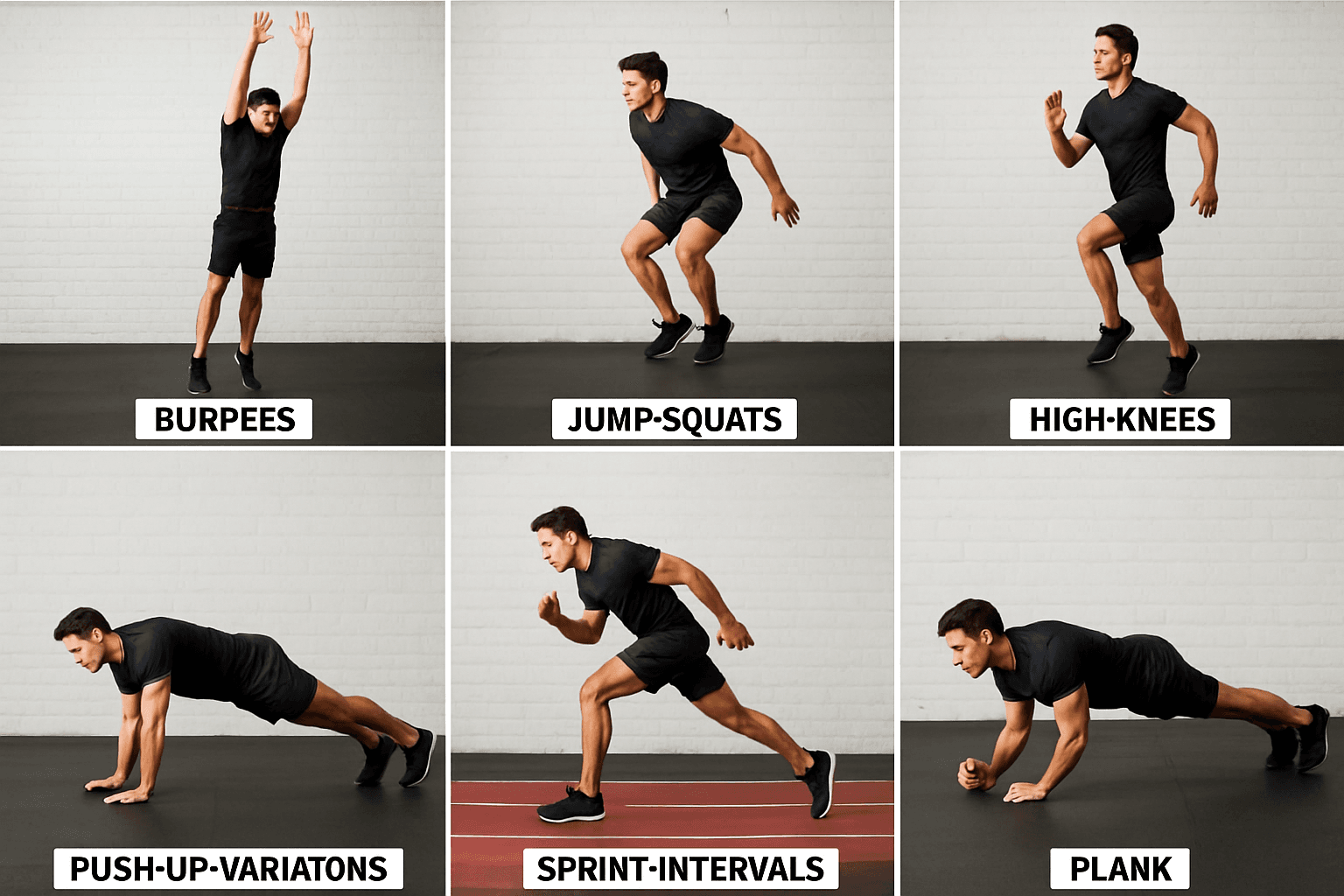 Six exercises: Burpees, Jump-Squats, High-Knees, Push-up Variations, Sprint-Intervals, Plank