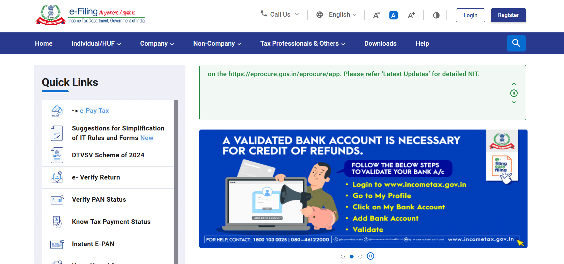 A screenshot of the Income Tax Department's e-filing website