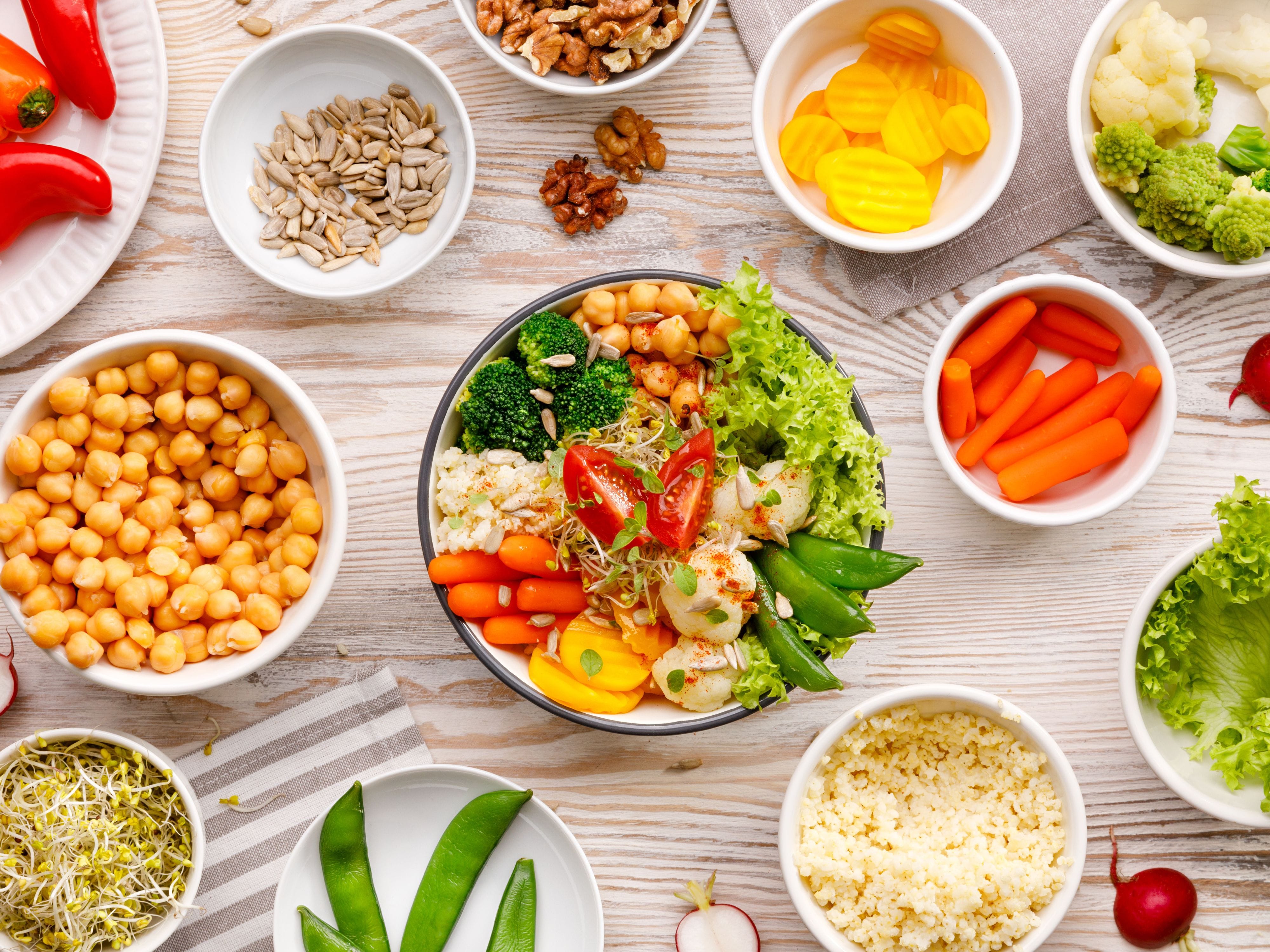 Bowls of colorful healthy food ingredients