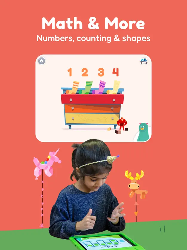A child doing Math with Khan Academy kids on her tablet