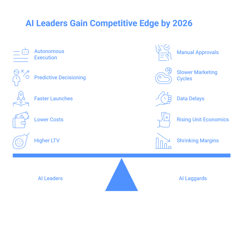 Infographic illustrating the 2026 two-speed enterprise model comparing AI leaders with autonomous execution, predictive decisioning, faster launches, lower costs, and higher lifetime value versus AI laggards facing manual approvals, slow marketing cycles, data delays, rising unit economics, and shrinking margins, showing how the gap becomes a competitive moat.