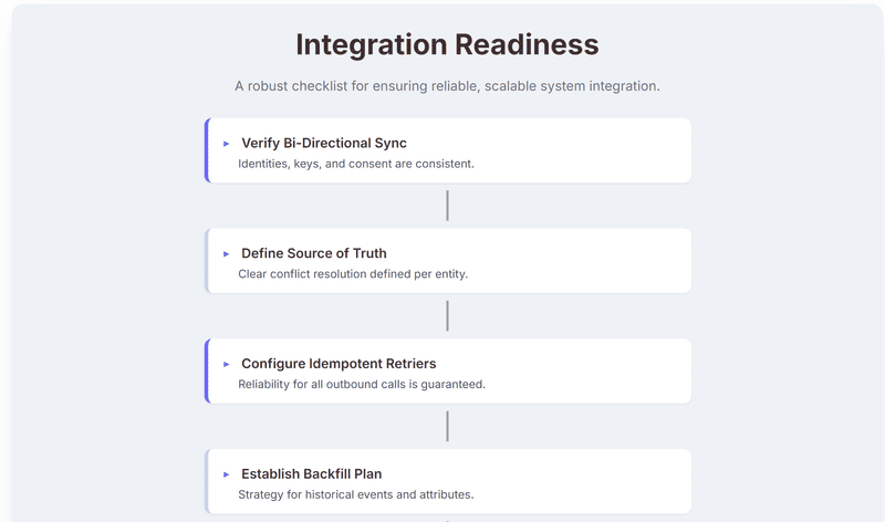 Integration Readiness checklist with four steps: Verify Bi-Directional Sync, Define Source of Truth, Configure Idempotent Retrievers, and Establish Backfill Plan. It's a system integration workflow diagram.