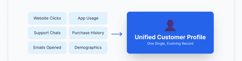Diagram showing various customer data points (Website Clicks, App Usage, Support Chats, Purchase History, Emails Opened, Demographics) feeding into a Unified Customer Profile (One Single, Evolving Record).