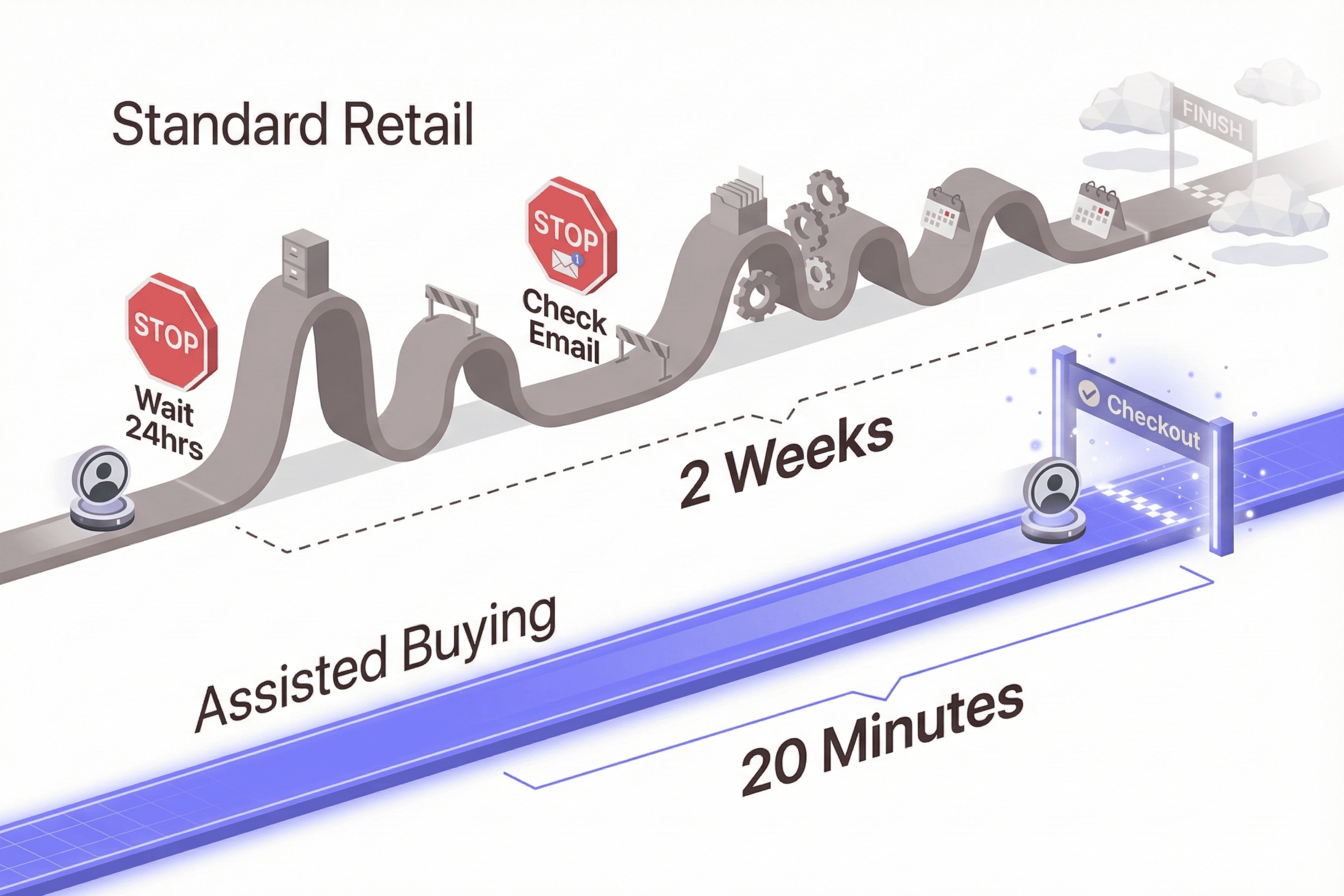 Isometric illustration comparing two purchase journeys. At the top, a grey winding road labeled “Standard Retail” includes stop signs and obstacles with labels “Wait 24hrs” and “Check Email,” plus gear icons and a distant finish flag, with “2 Weeks” shown as the total time. At the bottom, a straight glowing purple path labeled “Assisted Buying” leads quickly to a “Checkout” gate with a user icon, showing “20 Minutes” as the total time.