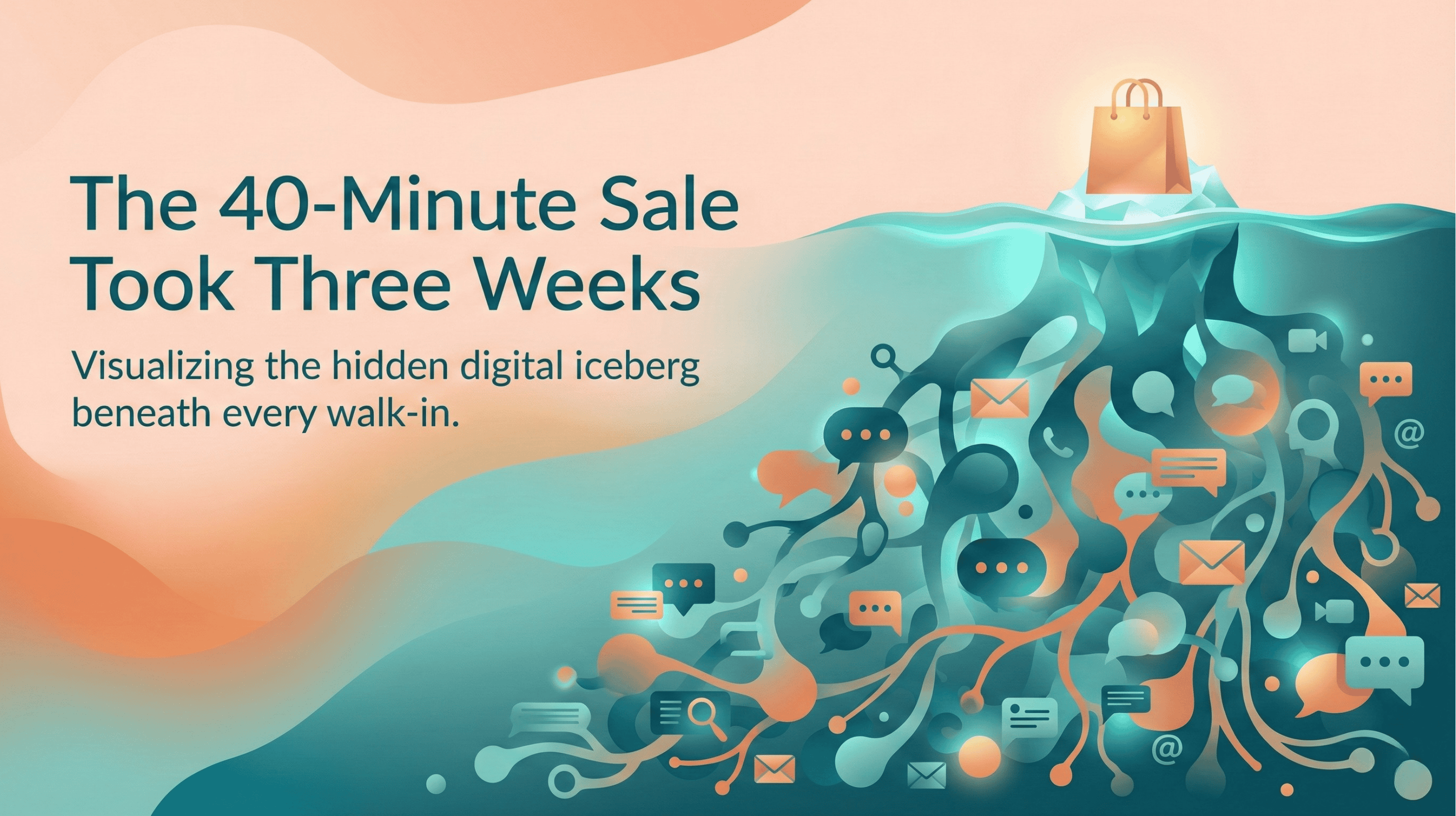 A conceptual iceberg illustration where the visible tip is a purchase, and the massive underwater portion is made of chat bubbles.