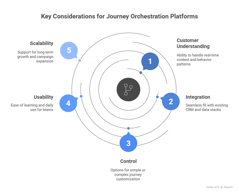 An infographic showcasing Key considerations that brands should keep in mind while choosing journey orchestration platform, this includes Scalability, Customer Understanding, Integration, Control and Usability 