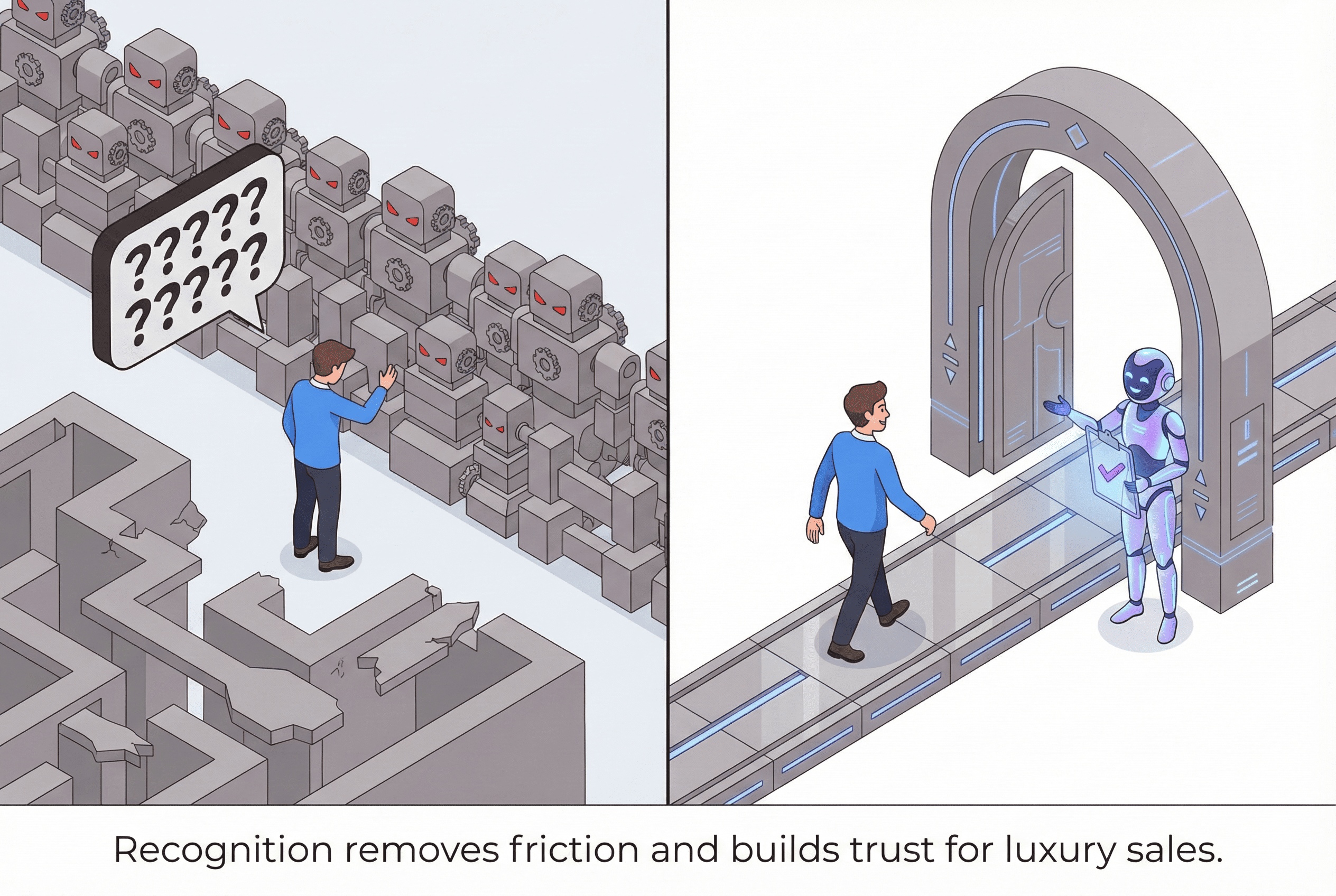 A split-screen isometric illustration comparing customer experiences. On the left, a confused man faces a wall of hostile, identical grey robots and a broken maze, representing friction and lack of recognition. On the right, the same man walks confidently down a sleek path where a friendly AI assistant opens a high-tech door for him. The caption reads: "Recognition removes friction and builds trust for luxury sales