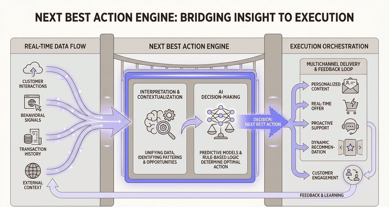 An Infographic representing how next best action engine bridges real time data and autonomous execution