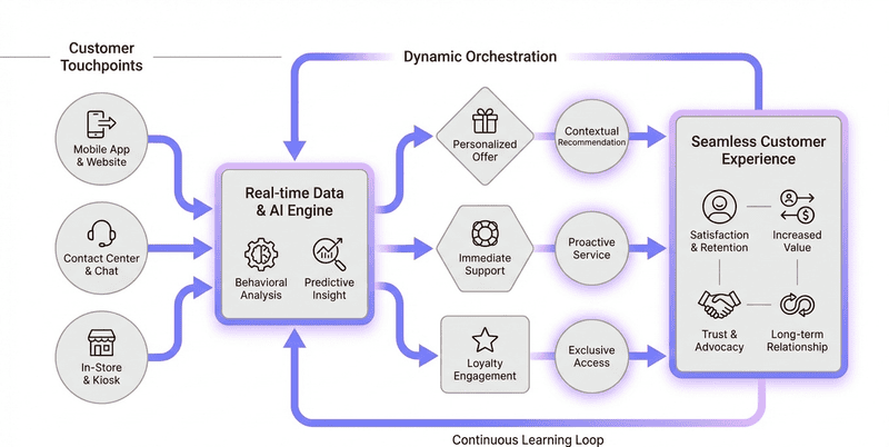 A detailed diagram illustrates "Dynamic Orchestration" for a "Seamless Customer Experience." It shows customer touchpoints (mobile app, contact center, in-store) feeding into a "Real-time Data & AI Engine" (behavioral analysis, predictive insight), leading to personalized offers, immediate support, and loyalty engagement. This results in satisfaction, retention, increased value, trust, and long-term relationships, with a continuous learning loop.