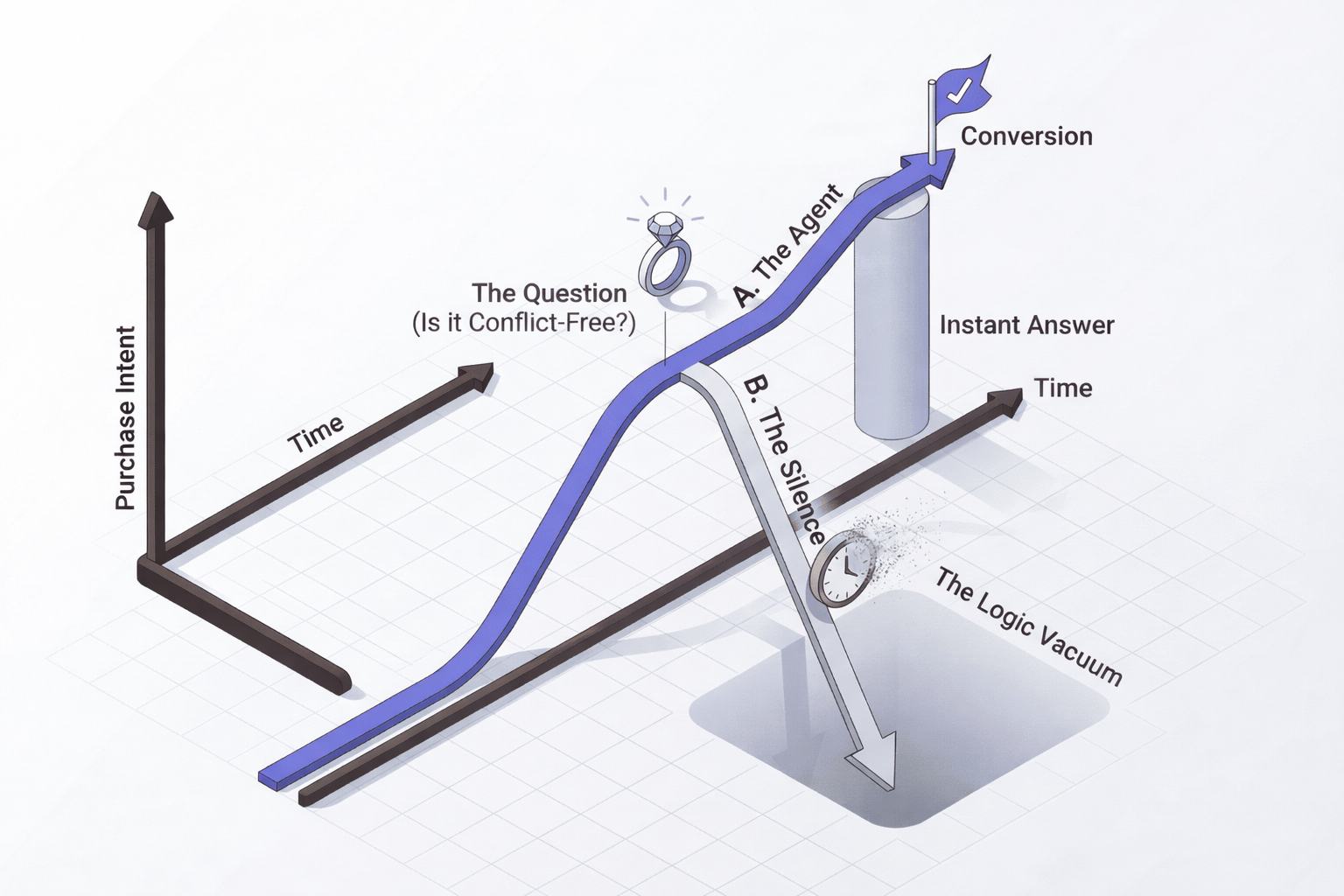 An isometric chart illustrates a customer journey. The X-axis represents "Time," and the Y-axis represents "Purchase Intent." A purple line, indicating purchase intent, rises over time until it reaches a peak labeled "The Question (Is it Conflict-Free?)", marked by a diamond ring icon. At this point, the path splits. One path, labeled "A. The Agent," continues upward, supported by a purple pillar labeled "Instant Answer," and culminates in a flag labeled "Conversion." The second path, labeled "B. The Silence," drops sharply into a gray pit labeled "The Logic Vacuum," accompanied by a clock icon disintegrating into dust.