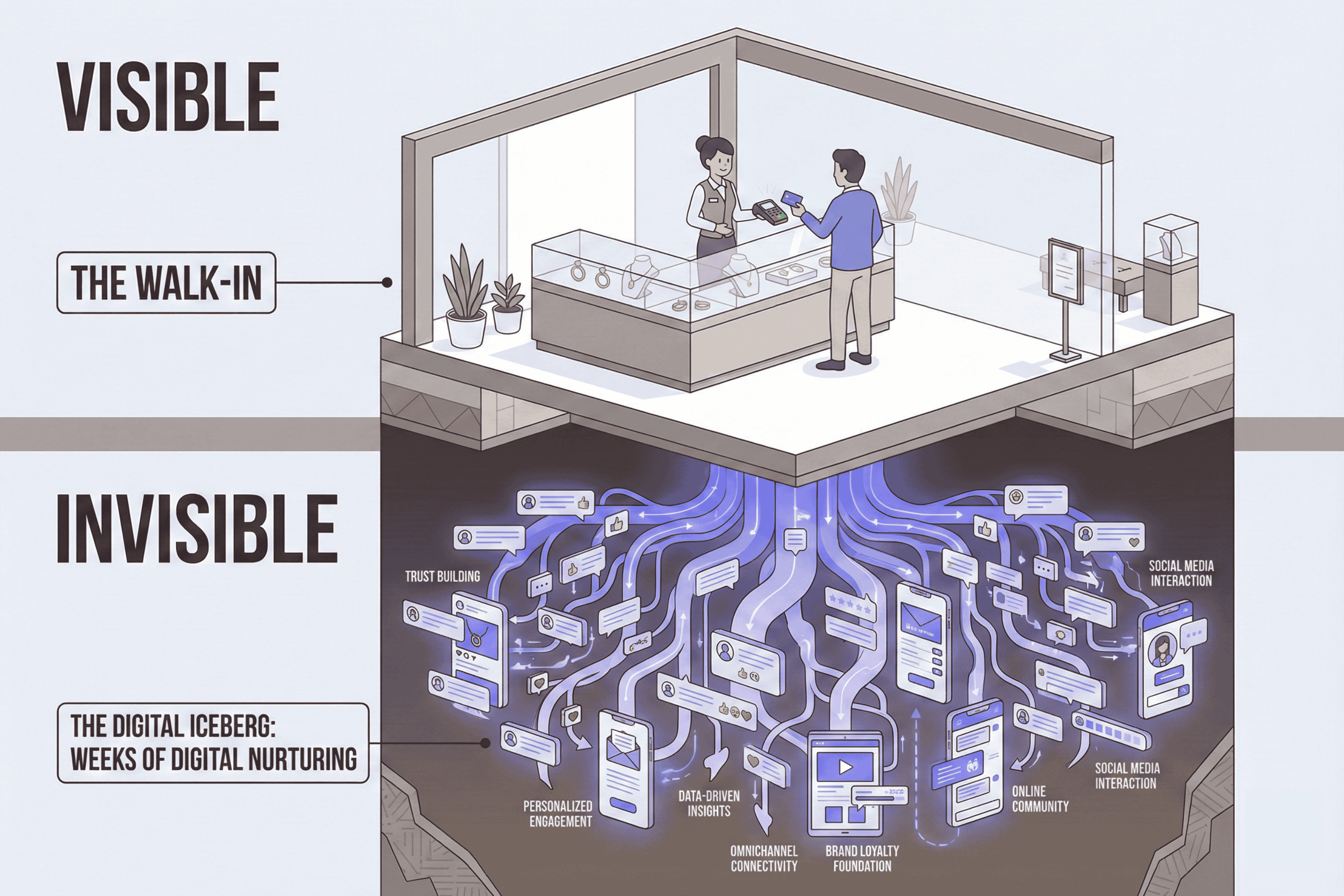 Diagram comparing fragmented data silos where marketing and sales data are separate versus a unified conversation graph that tracks customer sentiment and intent from WhatsApp to the Point of Sale.
