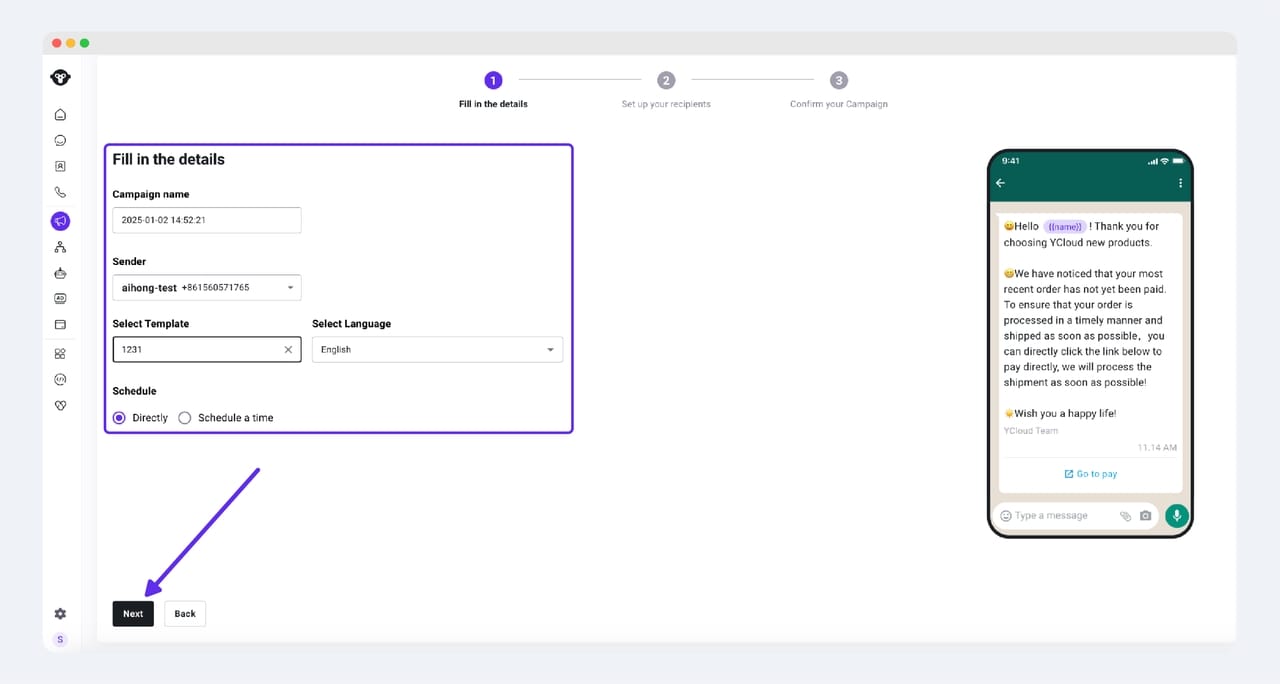 how to do whatsapp blast on ycloud?
