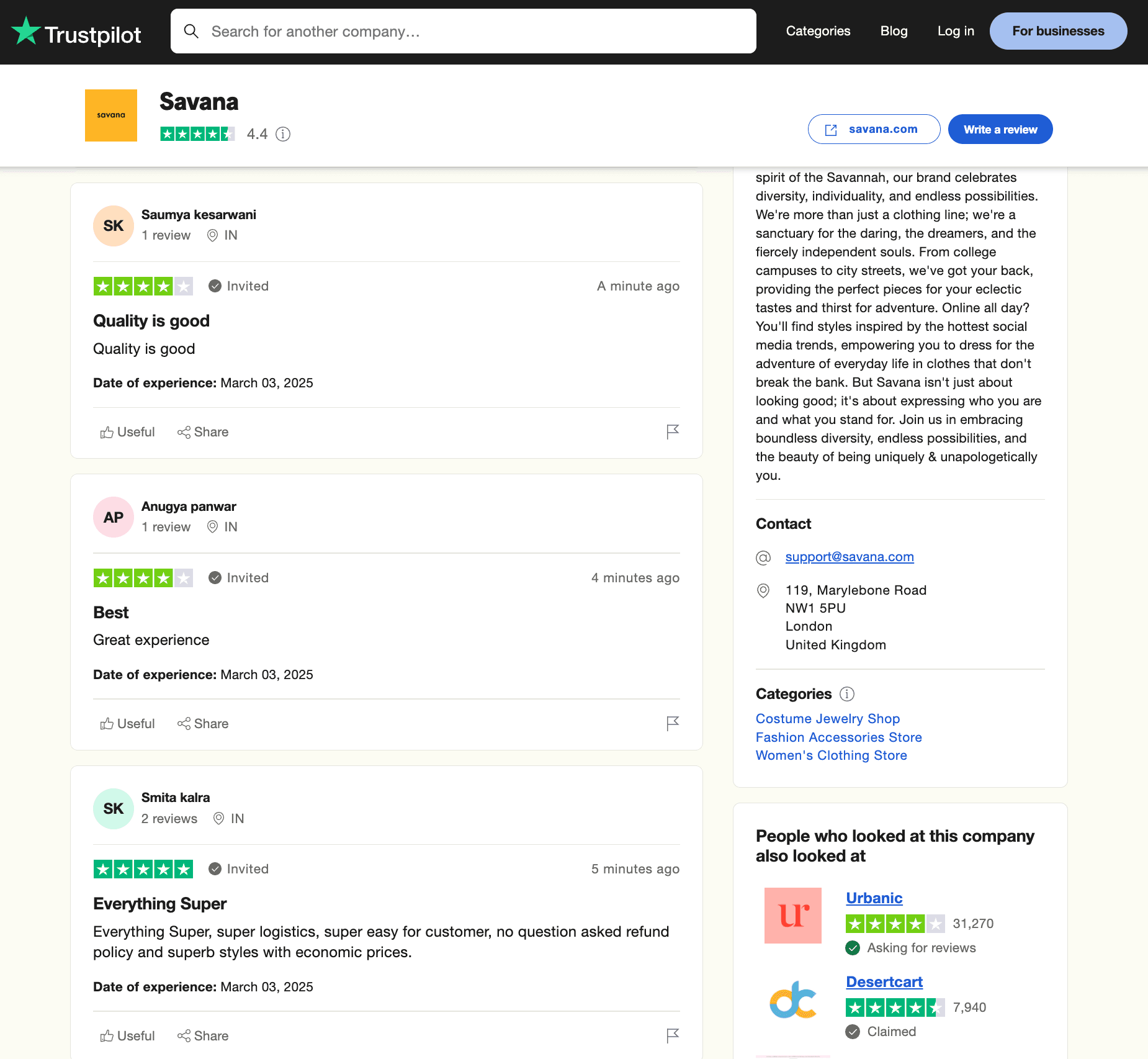 Savana and Urbanic TrustPilot Review