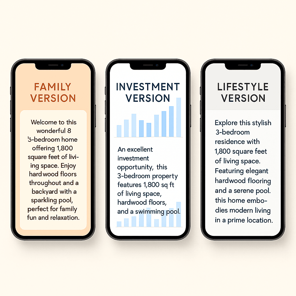 Three modern smartphones displaying different real estate listing descriptions