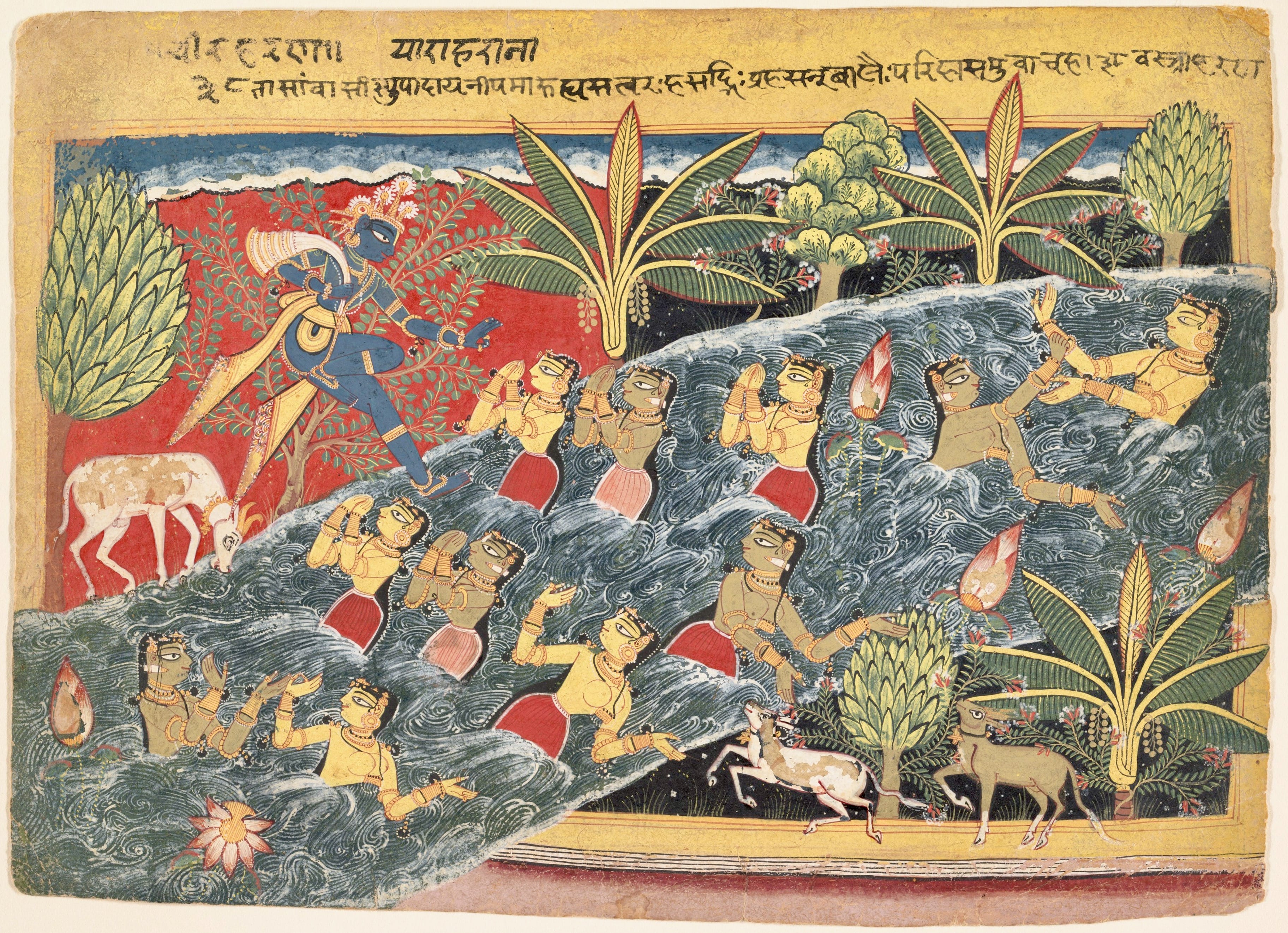 A painting that shows Lord Krishna atop a riverside Kadamba tree and the unmarried girls of Nanda's Vraja bathing in the river. The notorious Lord Krishna, after finding out about their vow, had stolen their clothes and climbed up the tree, leaving the girls surprised.