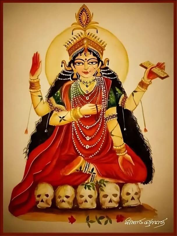 An illustration of a 4-armed Ma Bhairavi in a red sareee, sitting atop 5 skulls and holding a Japa Mala  and a sacred scripture in 2 of Her hands while the other 2 display Abhaya and Varada Mudras.