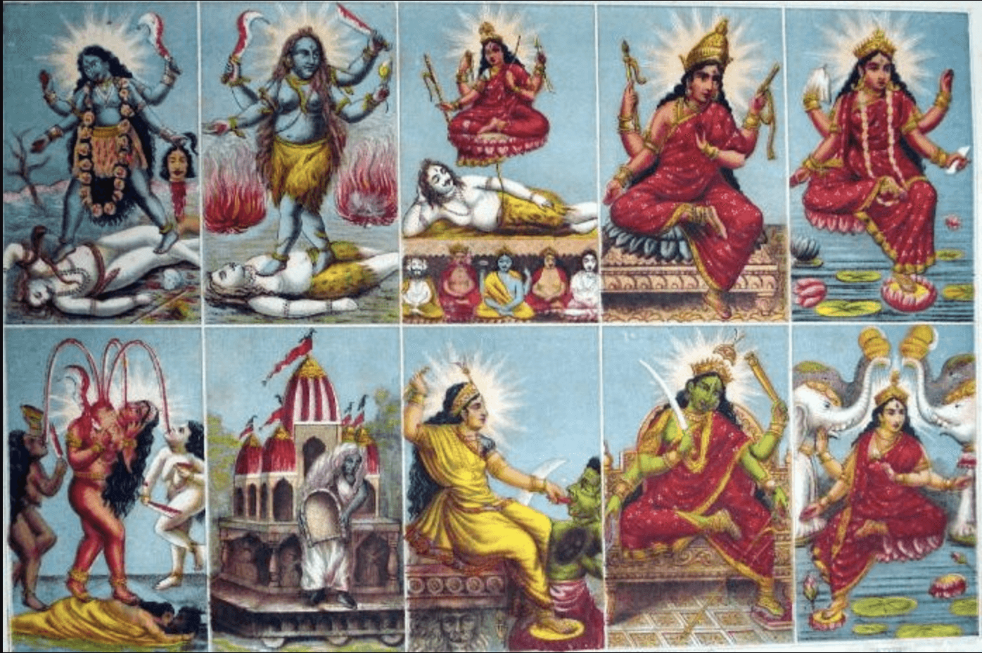 यह चित्र एक कोलाज को दर्शाता है जिसमें दशमहाविद्याओं के चित्रांकन सम्मिलित हैं। ऊपरी पंक्ति (बाएँ से दाएँ): काली, तारा, त्रिपुरसुन्दरी, भुवनेश्वरी और भैरवी। निचली पंक्ति (बाएँ से दाएँ): छिन्नमस्ता, धूमावती, बगलामुखी, मातंगी और कमलात्मिका।