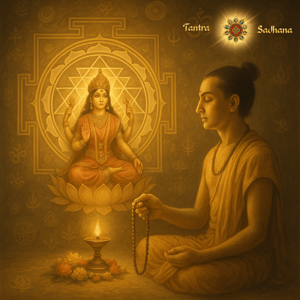 This is an AI-generated image showing the side profile of a devotee sitting on the floor and doing japa with a japa mala in front of a diya. Above the diya is a manifestation of Sri Devi in front of a Sri Yantra.