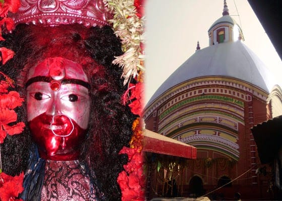 An image with a photo of Tarapith in Kolkata, West Bengal and a photo of Ma Tara's idol in the temple.