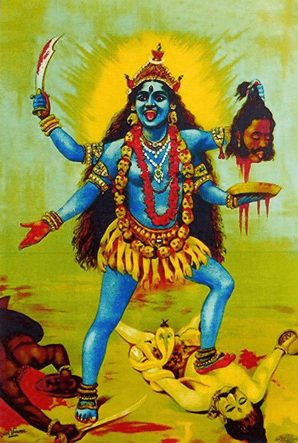 A famous painting of Ma Kali standing atop a lying Shiva by Raja Ravi Varma. Her lower righ hand displays the Varada Mudra, while the other 3 hold a sword, decapitated head and bowl collecting the blood that drips from it.