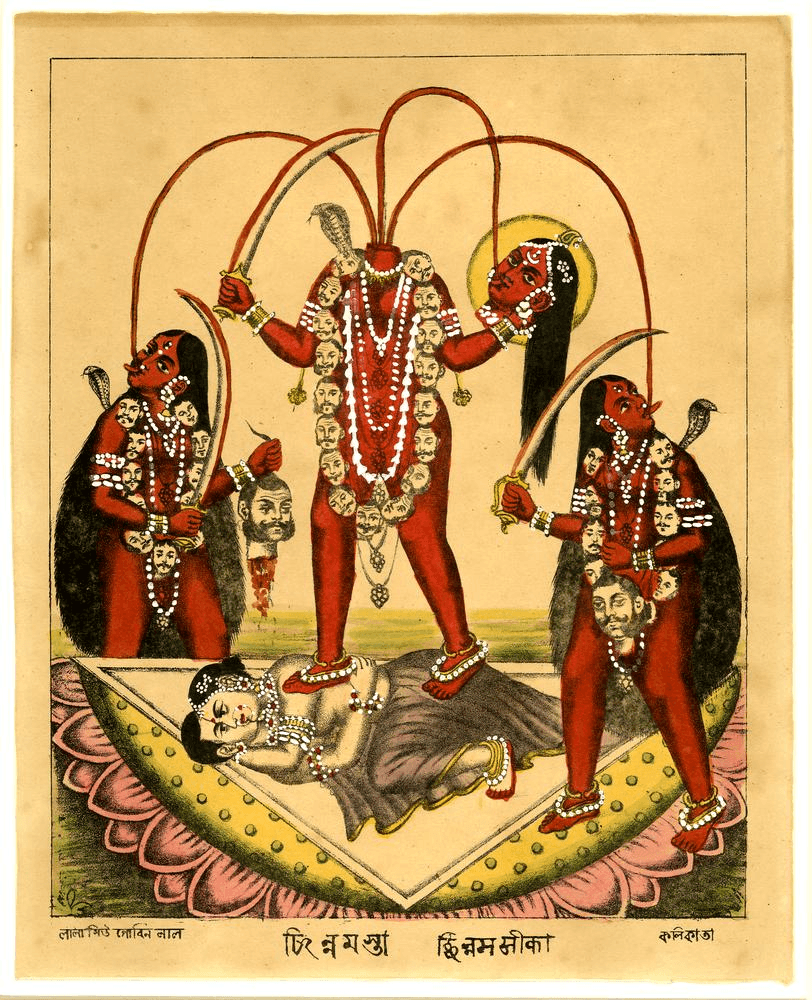 This is an artistic visual representation of Ma Chhinnamasta, who is standing atop the copulating couple — Kamadeva and Rati. Ma holds Her own decapitated head in Her left hand as 3 streams of blood flow out of Her neck — 2 of them into the mouths of Her 2 female attendants and one into Her own.