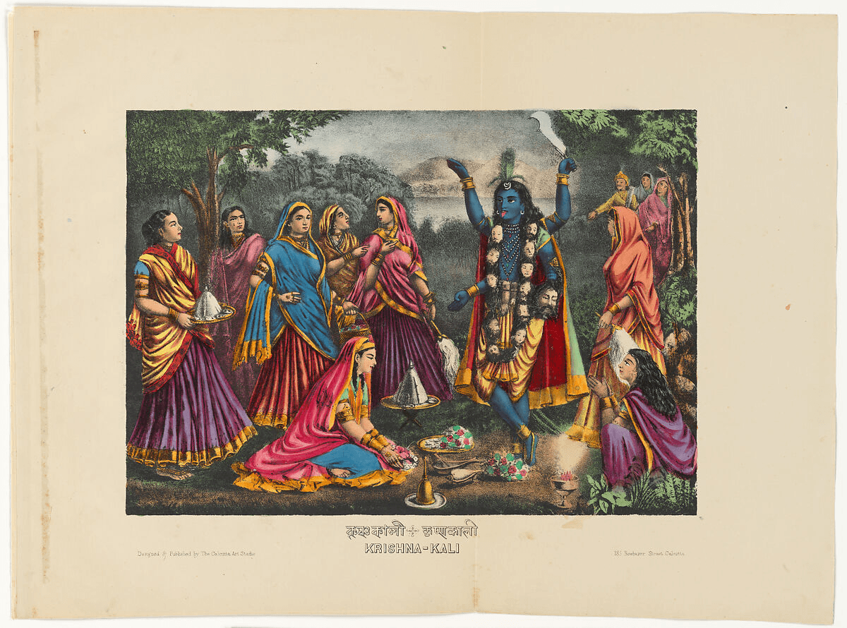 Krishna-Kali. 1878-1883. Lithograph, printed in black and hand-colored with watercolor and selectively applied glaze. West Bengal, Calcutta. The Metropolitan Museum of Art. Purchase, Robert and Bobbie Falk Philanthropic Fund Gift, 2021. Accession no. 2021.209.