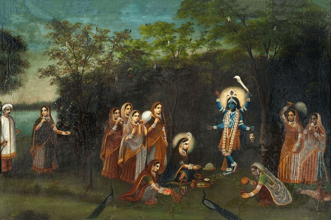 Adoration of Krishna-Kali by Radha, observed by Her husband, Abhimanyu. It is said that Krishna assumes the form of Ma Kali to protect Radha from her husband during their secret meeting in the forest.