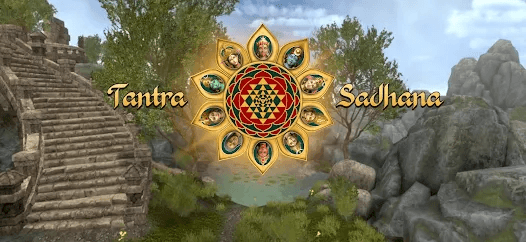 A screenshot of the visual seen on the loading screen of the Tantra Sadhana App. It displays the app's logo in the centre with the background of a 3D realm of one of the Mahavidyas.