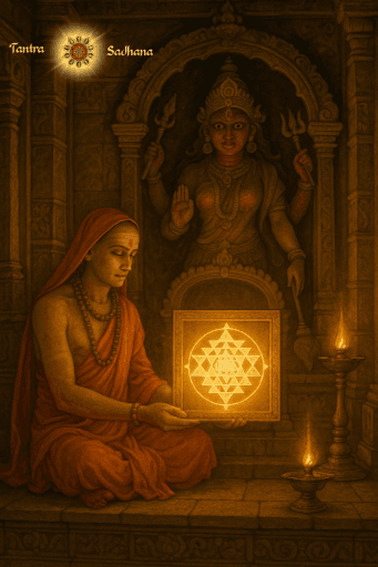 An AI-generated artistic image of Jagadguru Adishankaracharya sitting cross-legged on a temple floor and holding a Sri Chakra Yantra vertically in front of a human-sized idol of Devi.