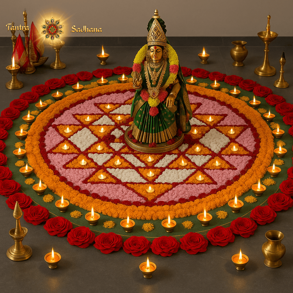 This is an AI-generated image showing a Sri Yantra Rangoli made of colourful flowers and flower petals. Right at the centre of it is a metallic idol of Devi, shining in the light of the countless diyas the Rangoli is decorated with.