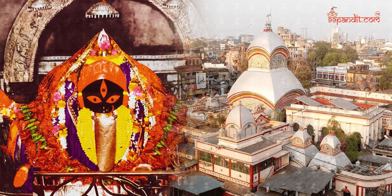 An image with photos of Ma Kali's iconic idol inside the Kalighat Temple and an outer view of the temple.