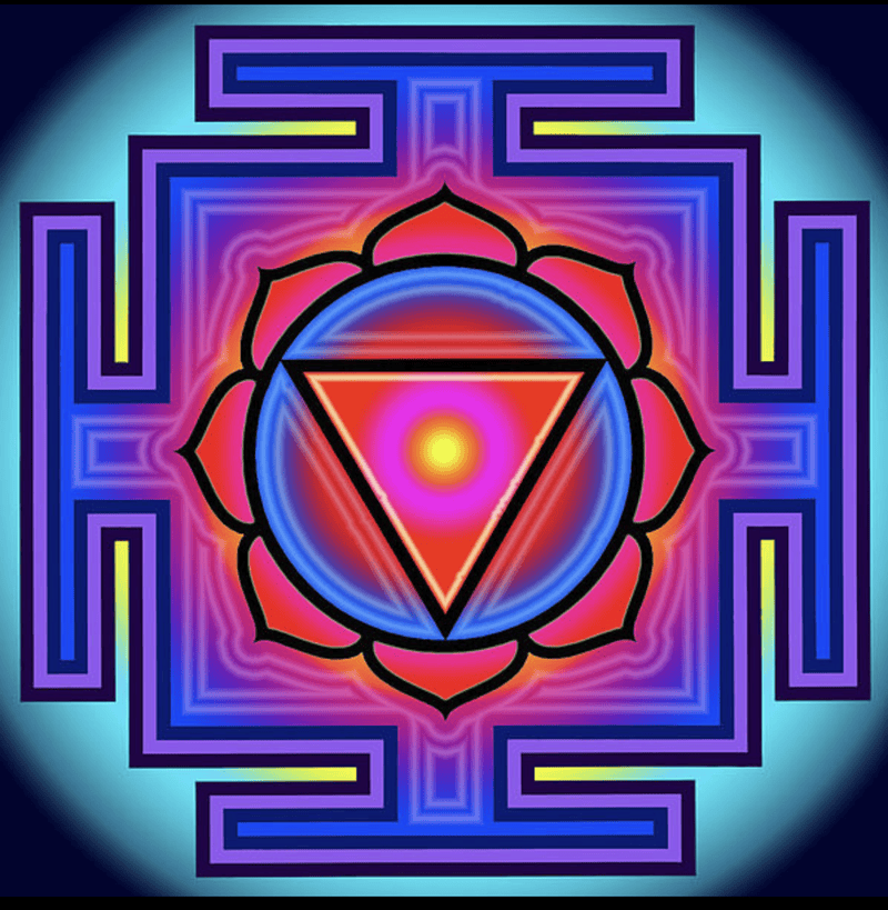 A picture of Ma Tara's Yantra in blue, pink, yellow and black colours.