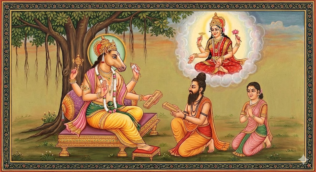 An illustration of Lord Hayagriva interacting with Sage Agastya and his wife Lopamudra, while the Divine Mother watches them.